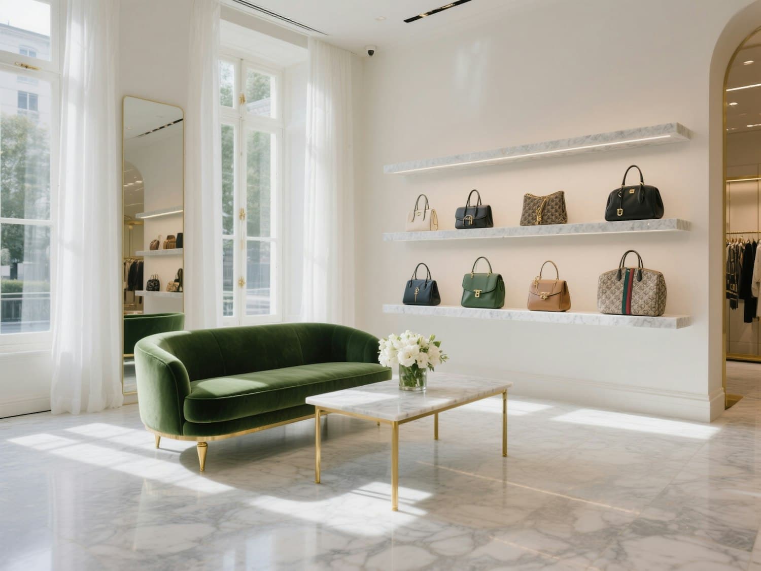 A private salon in a Vaurel boutique with a green velvet sofa, a marble table and white flowers