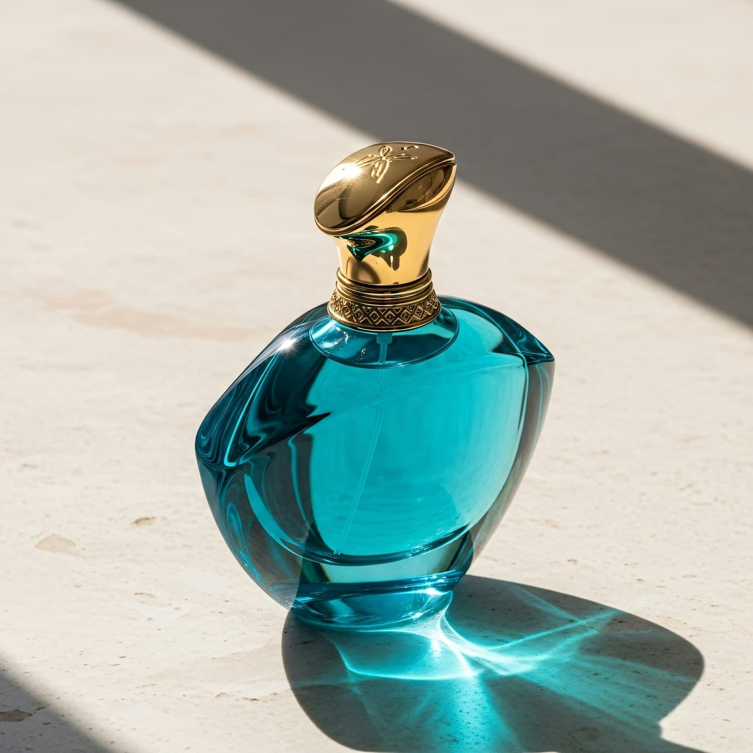 A turquoise glass perfume bottle with a sculpted gold cap in raking sunlight