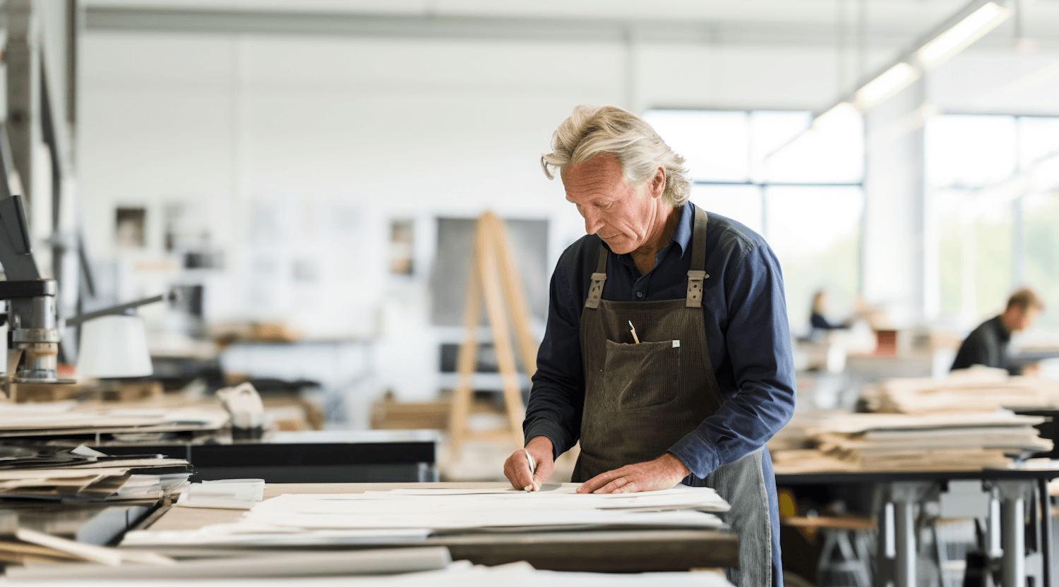 An artisan in a canvas apron marking out a pattern on a long cutting table in a bright atelier