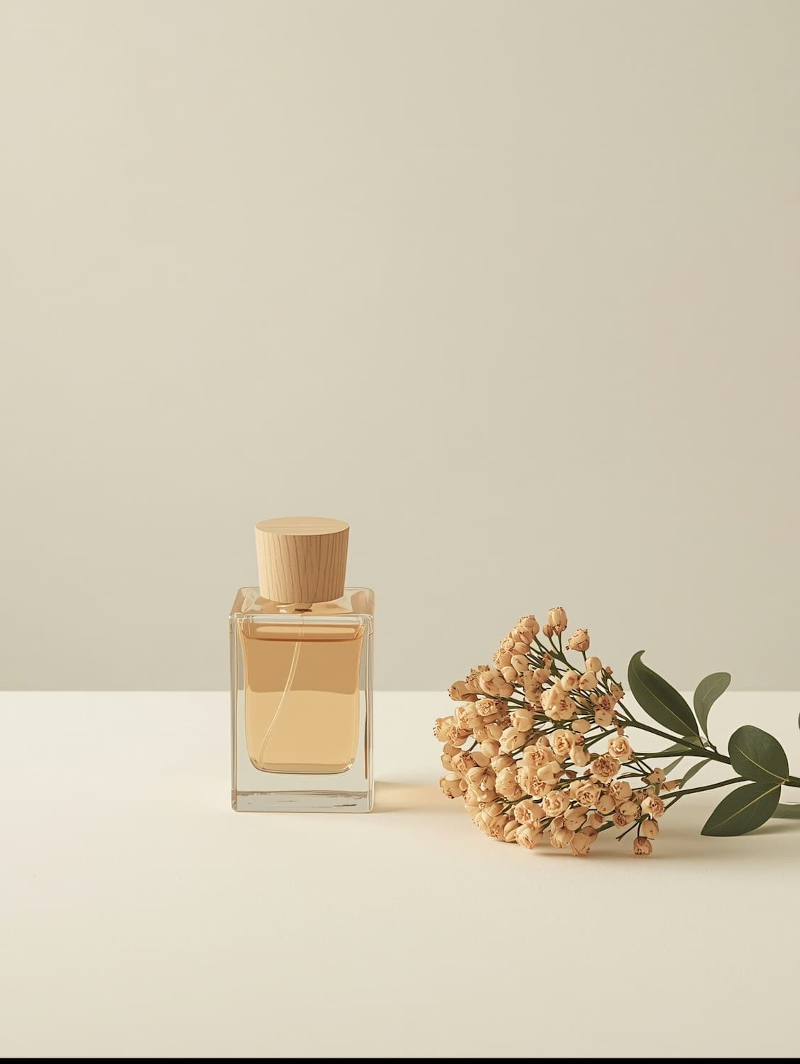 Square glass perfume bottle with a wooden cap beside a sprig of dried flowers