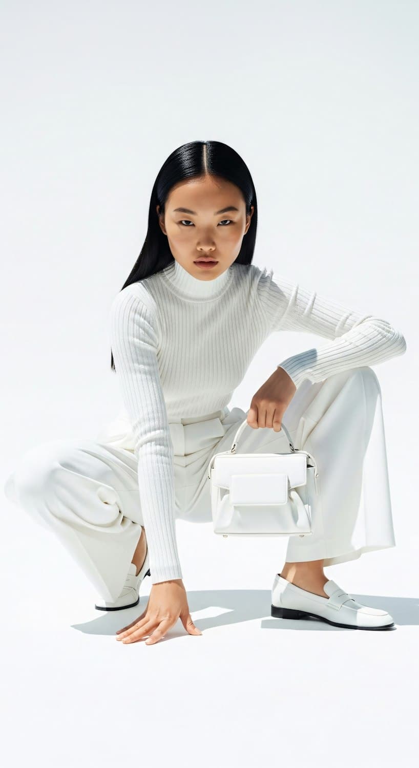 Model in white knitwear holding a small white leather top-handle bag