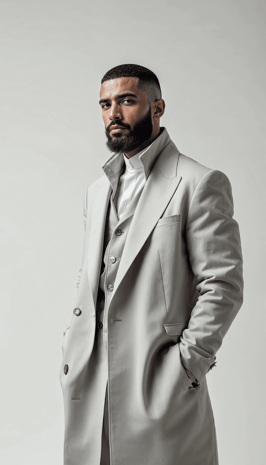 Model in a long pearl-grey overcoat over a three-piece suit