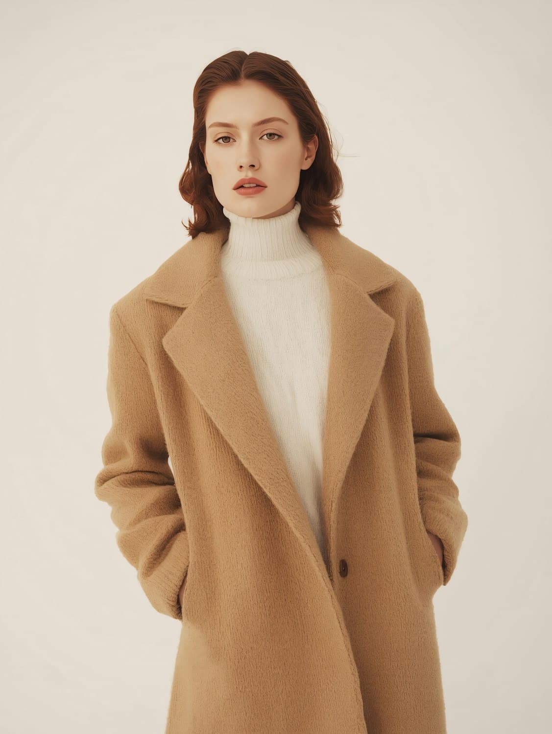 Model in a camel wool coat over an ivory roll-neck sweater