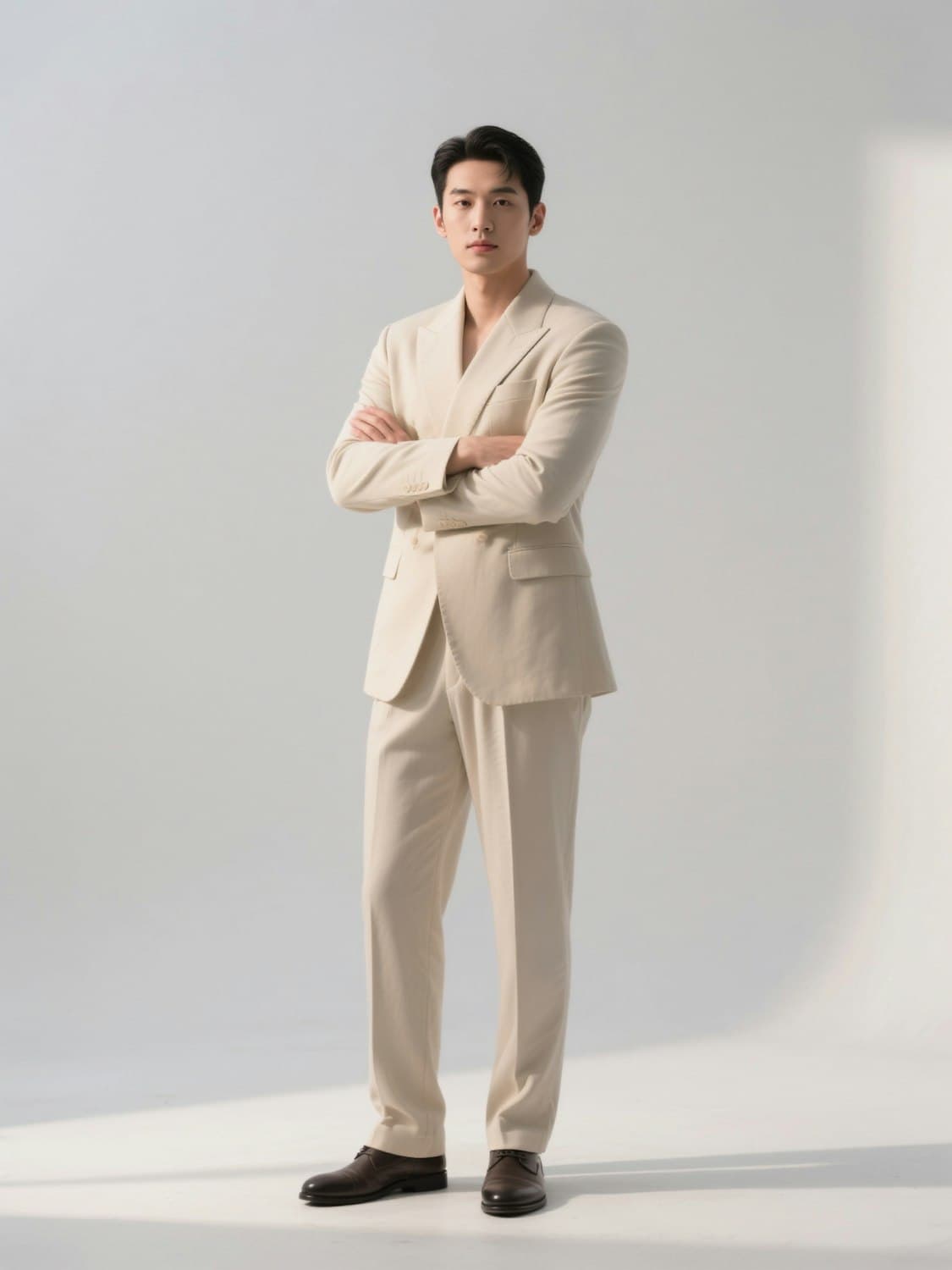 Model in a sand-colored Atelier suit standing with arms crossed