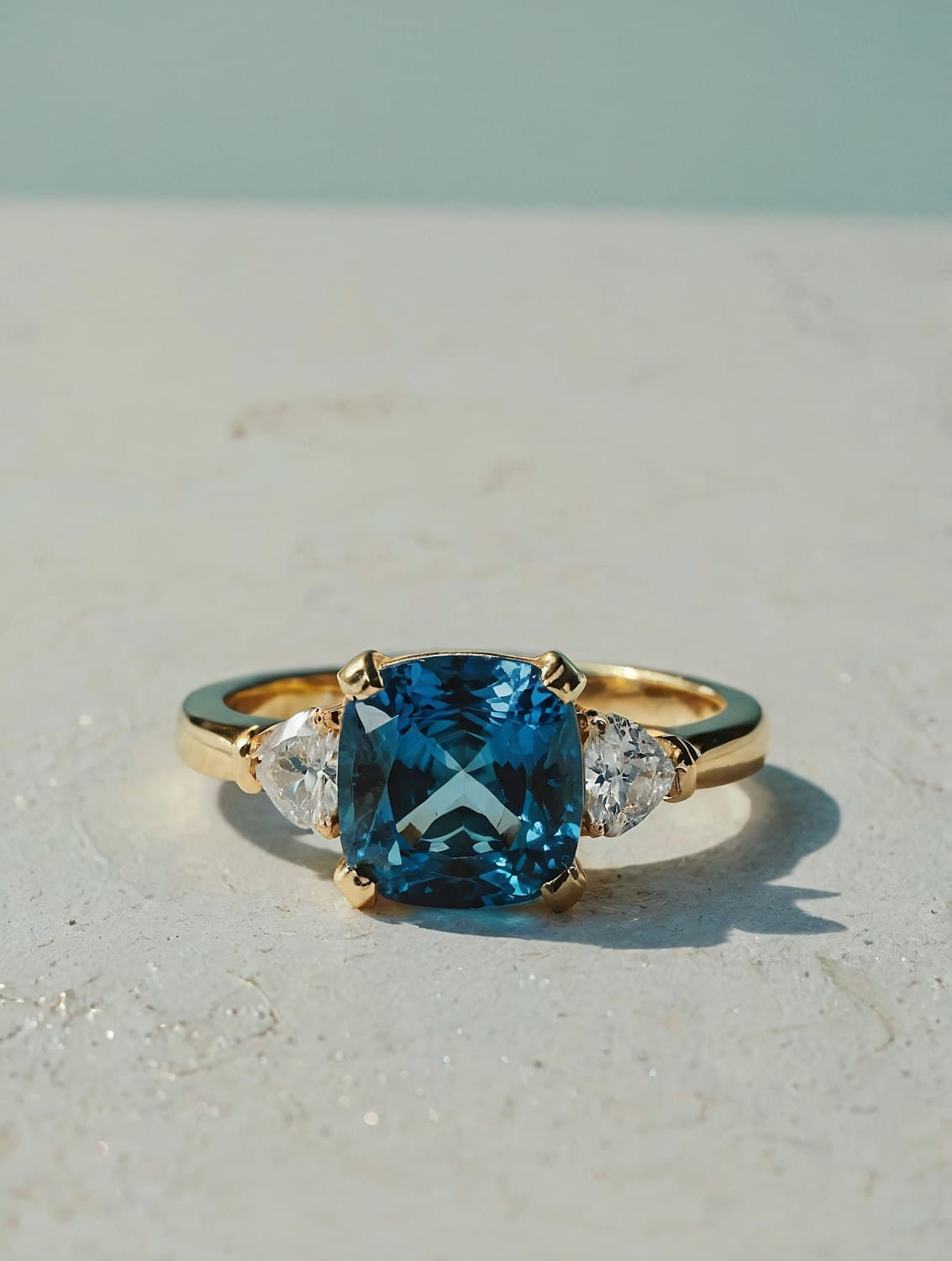 Gold ring set with a cushion-cut blue sapphire between two trillion diamonds