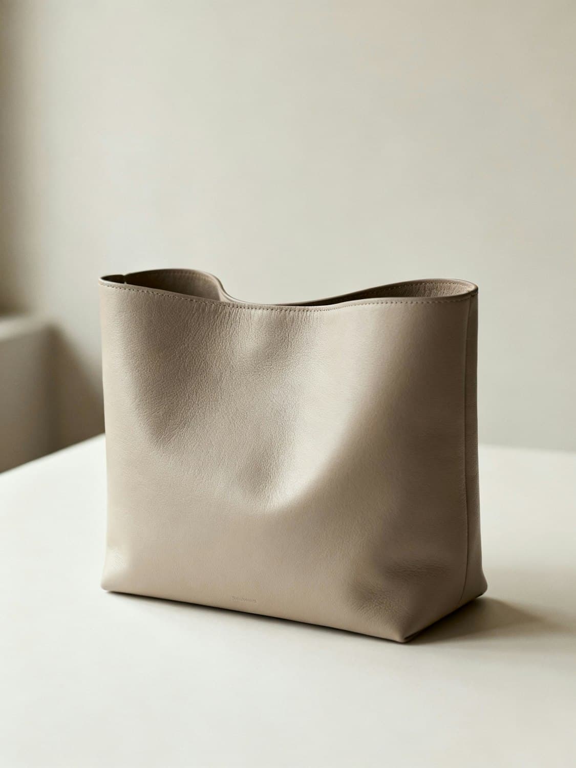 Taupe calfskin tote with a sculpted opening on a white table