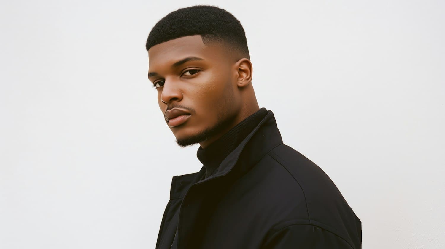 Model in a black Rive field jacket and roll-neck against a white wall