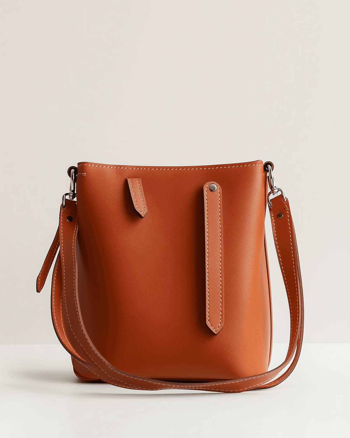 Cognac leather bucket bag with contrast stitching and a long shoulder strap