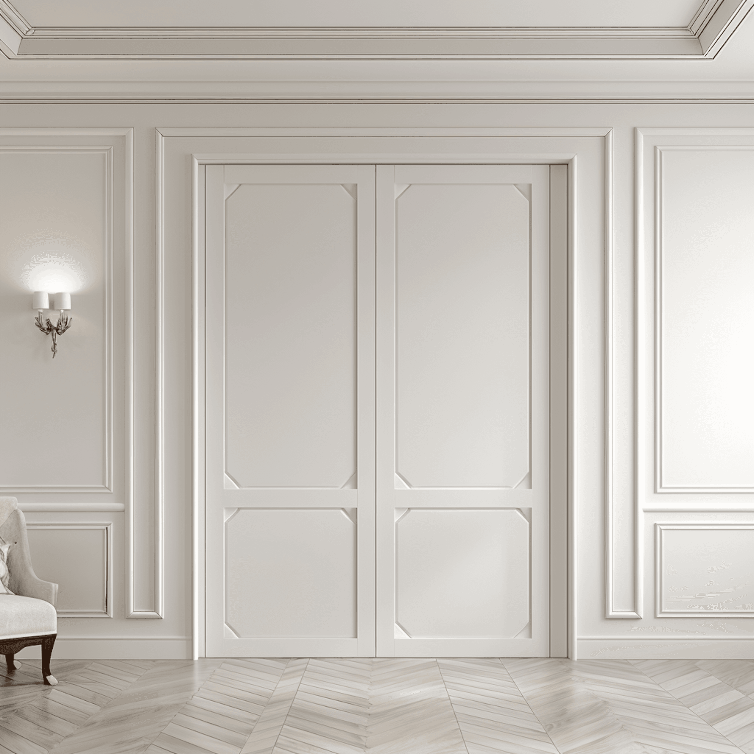 Tall white double doors and herringbone parquet in a Vaurel salon, lit by a gilded sconce