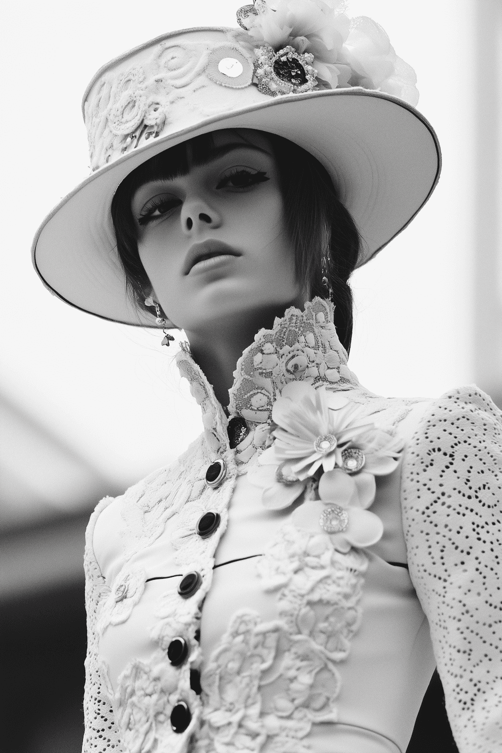Black and white portrait of a woman in a lace jacket and a wide-brimmed hat decorated with silk flowers