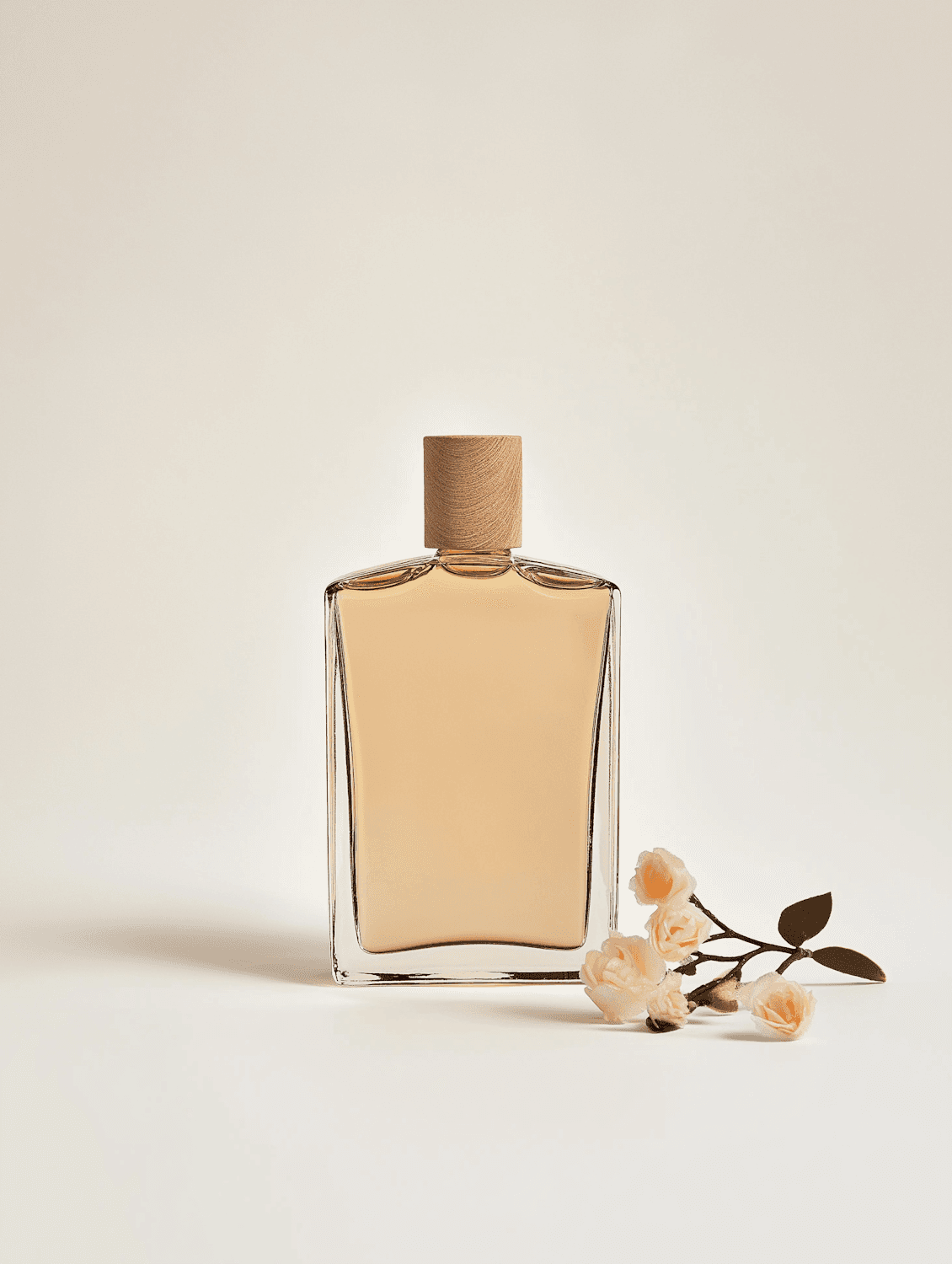Square perfume bottle with a wooden cap beside a sprig of pale roses