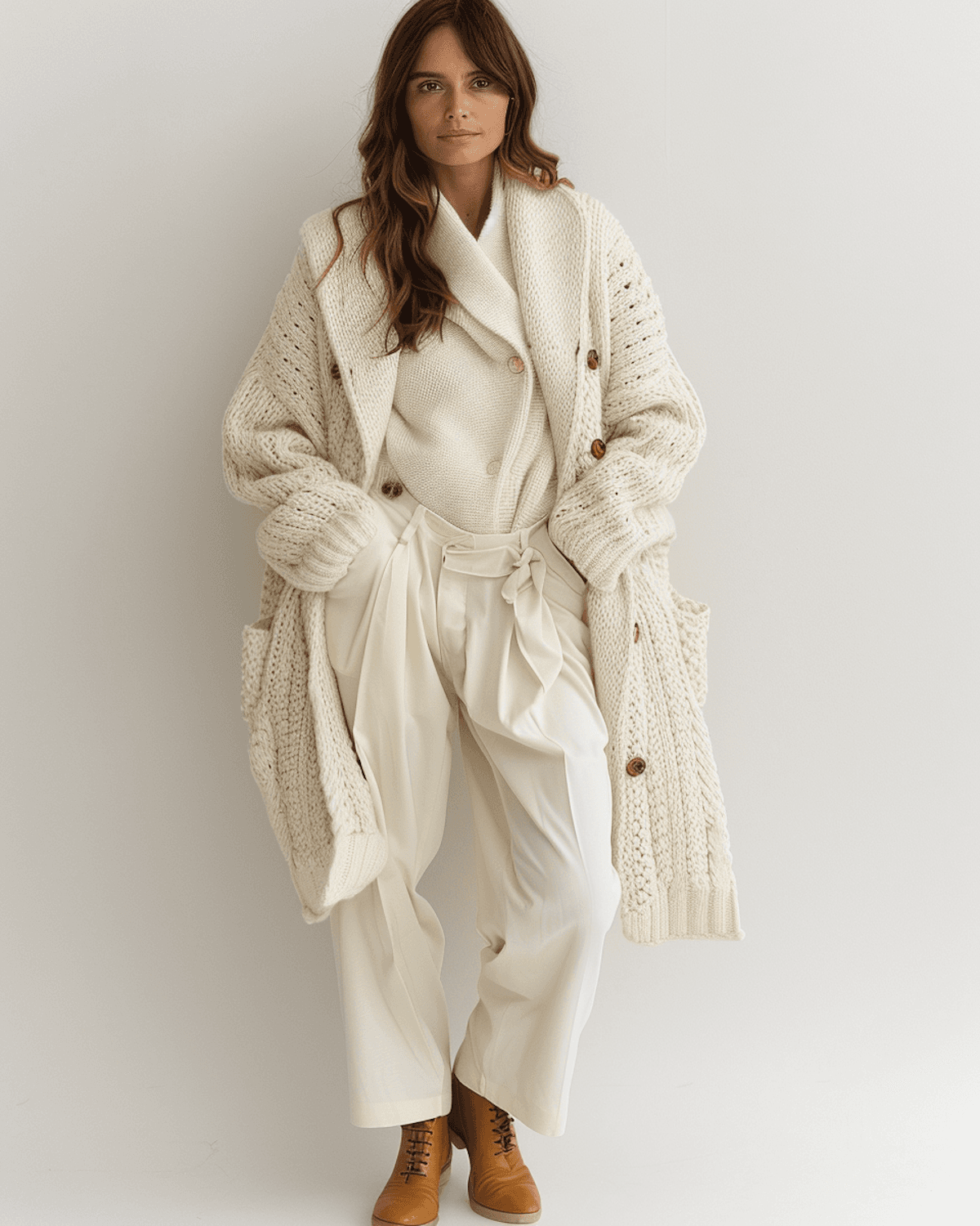 Model in an ecru cable-knit cashmere cardigan coat and ivory pleated trousers